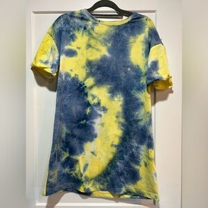 Yellow & Blue Tie-Dye Womens T Shirt Dress
